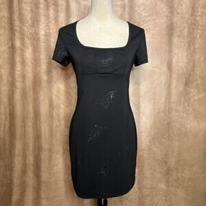 Vintage 90s Black Mini Dress Floral Glitter Empire Waist Euro Indie Sleaze Y2K